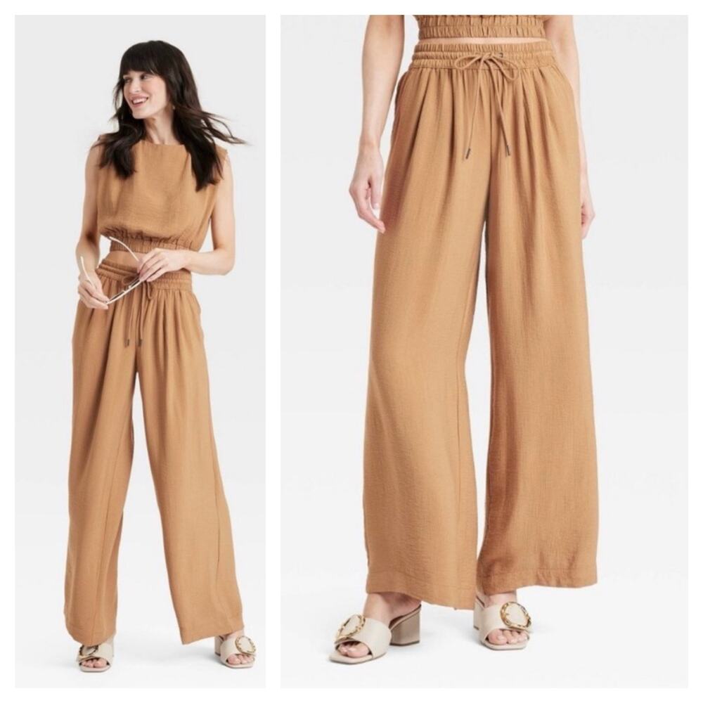A New Day Modern Gauze Wide Leg Pants Large Tan Pull On Casual Boho Minimalist